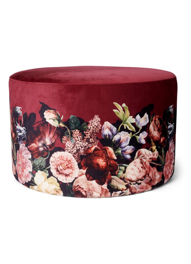 Essenza - Anneclaire poef van velvet met bloemenprint - Kersenrood