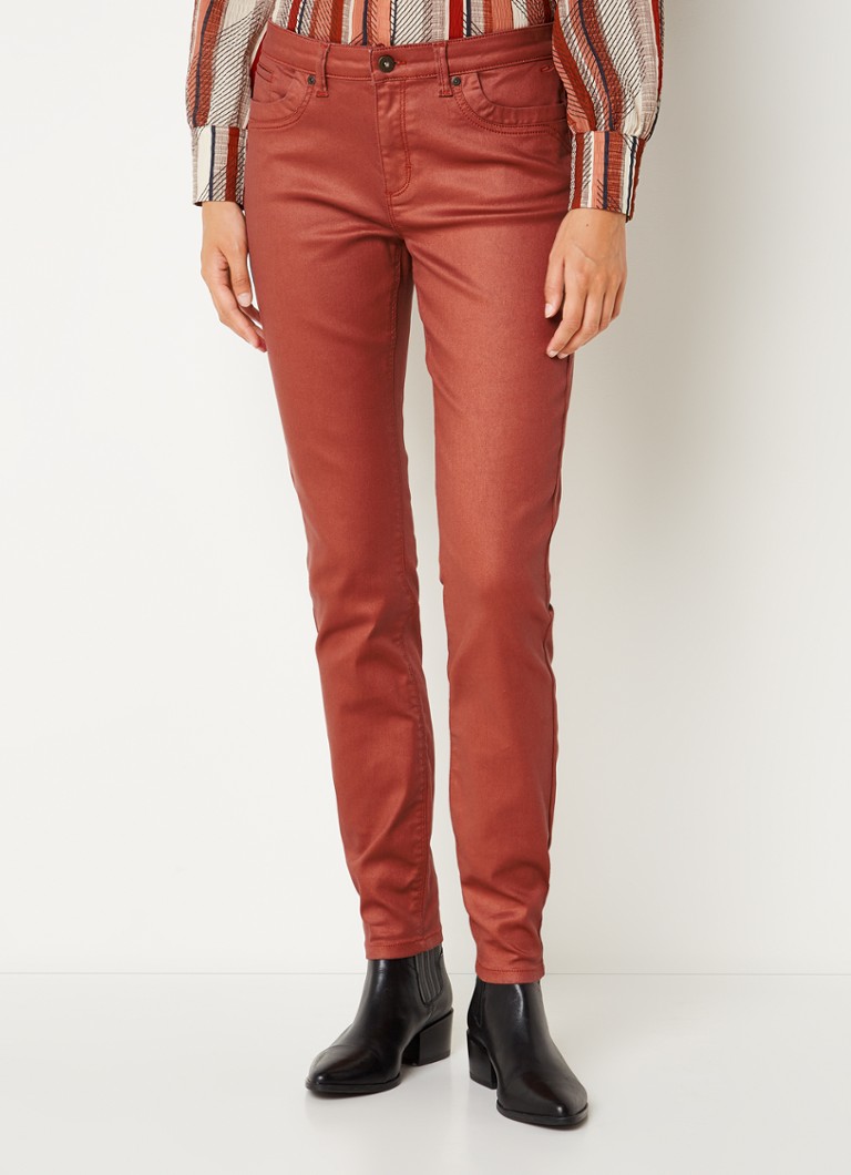 Expresso - High waist skinny jeans met coating en stretch - Oranjebruin