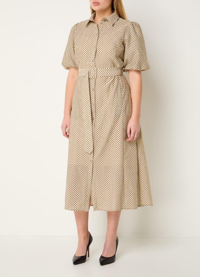 Expresso - Midi blousejurk met stippenprint en ceintuur - Beige