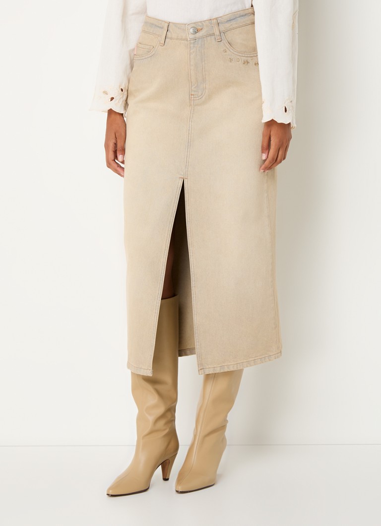 Fabienne Chapot - Carlyne midi spijkerrok met verwassen afwerking - Khaki