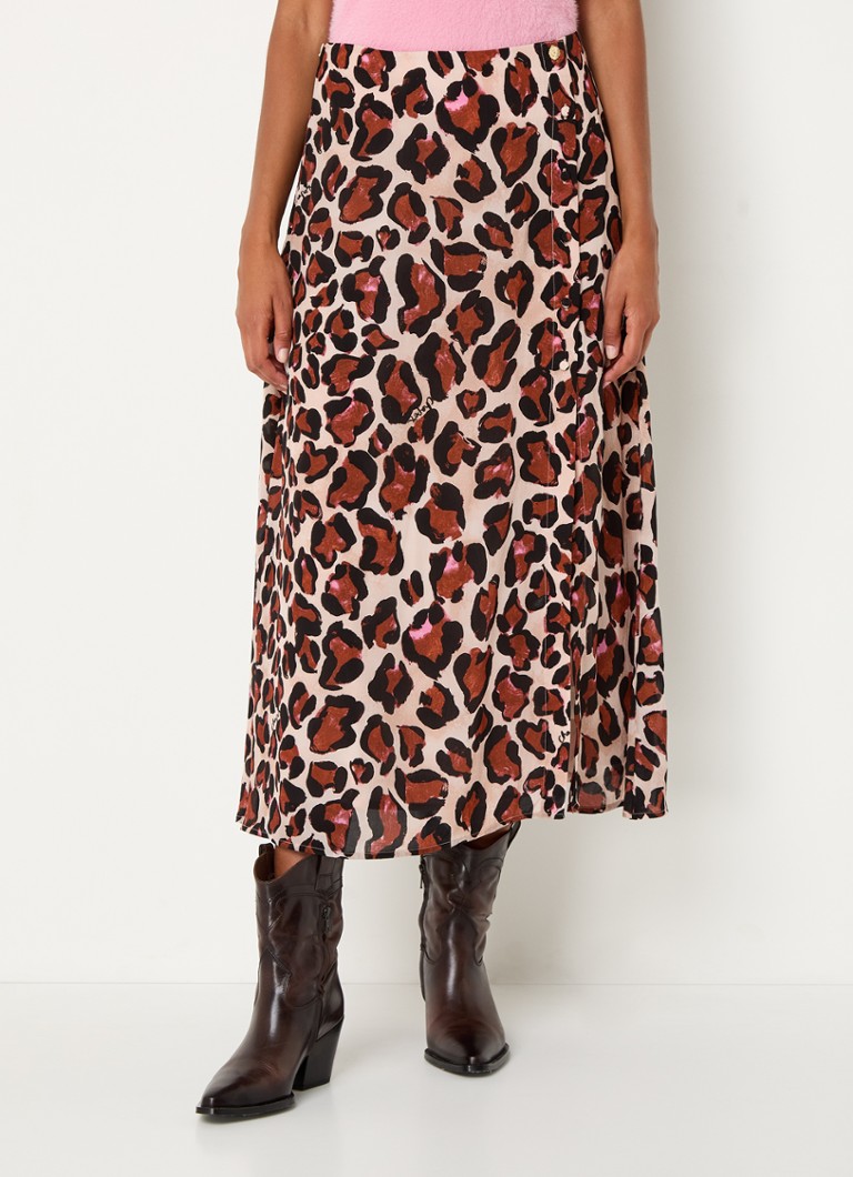 Fabienne Chapot - Lila midi rok met panterprint en split - Bruin