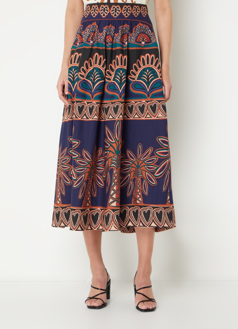 Farm Rio Anika midi A-lijn rok met print • Donkerblauw • de Bijenkorf
