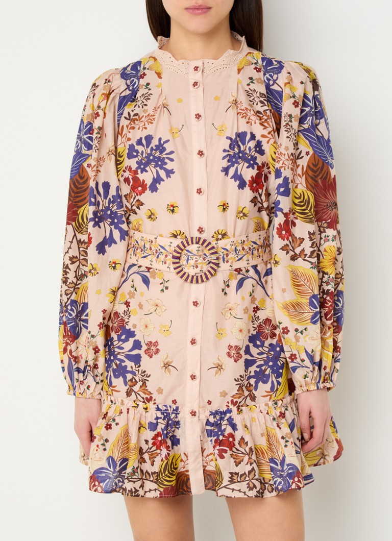 Farm Rio - Beauty Bouquet mini blousejurk met bloemenprint en ceintuur - Oudroze