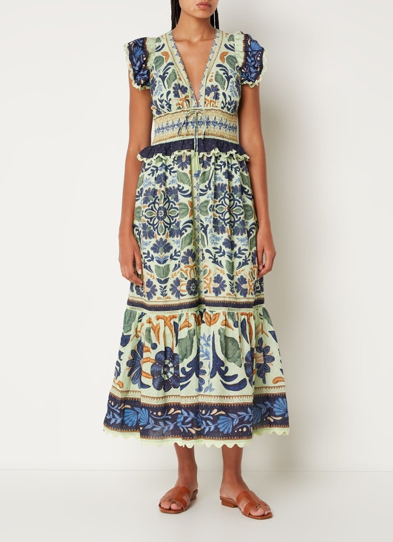 Farm Rio Ocean Farm Rio Ocean midi jurk met bloemenprint en smockwerk • Lindegroen ...