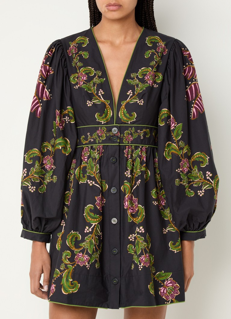 Farm Rio - Ravenala mini blousejurk met bloemenprint - Middengrijs
