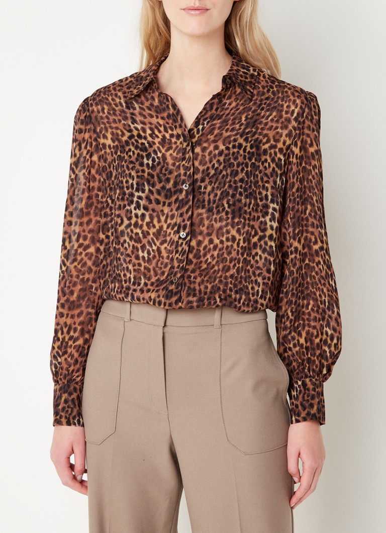 Fifth House - Rocco semi-transparante blouse met luipaard print en pofmouw - Wit
