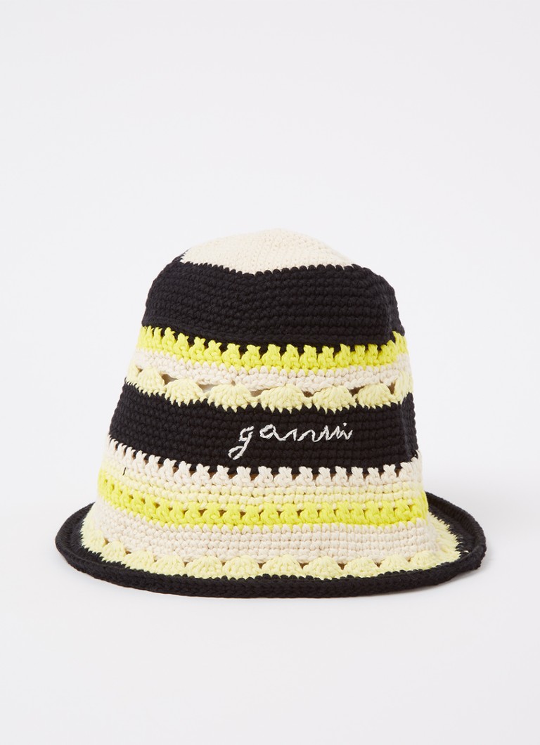 Ganni - Bucket hoed van crochet met logo  - Geel