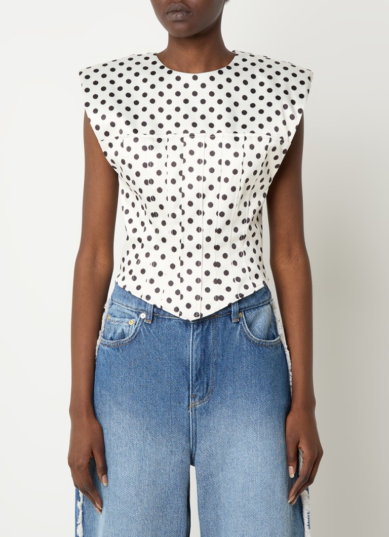 Ganni - Crop top met stippenprint en schoudervulling - Gebroken wit