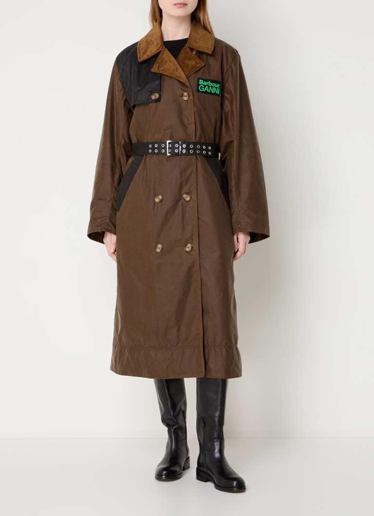 Ganni - Double-breasted trenchcoat van biologisch katoen met ceintuur en logo - Lichtbruin