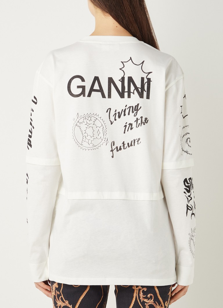 Ganni - Longsleeve van biologisch katoen met logo- en tekstprint - Gebroken wit