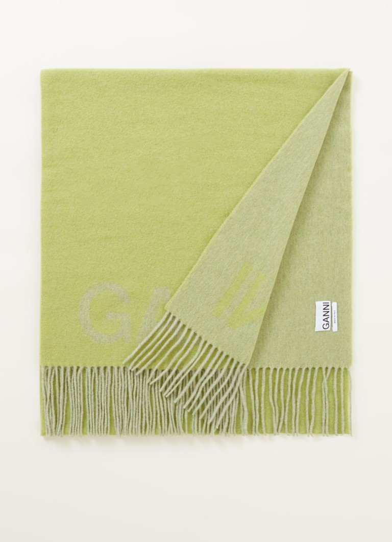 Ganni - Sjaal van wol met logo en franjes 250 x 50 cm - Lime