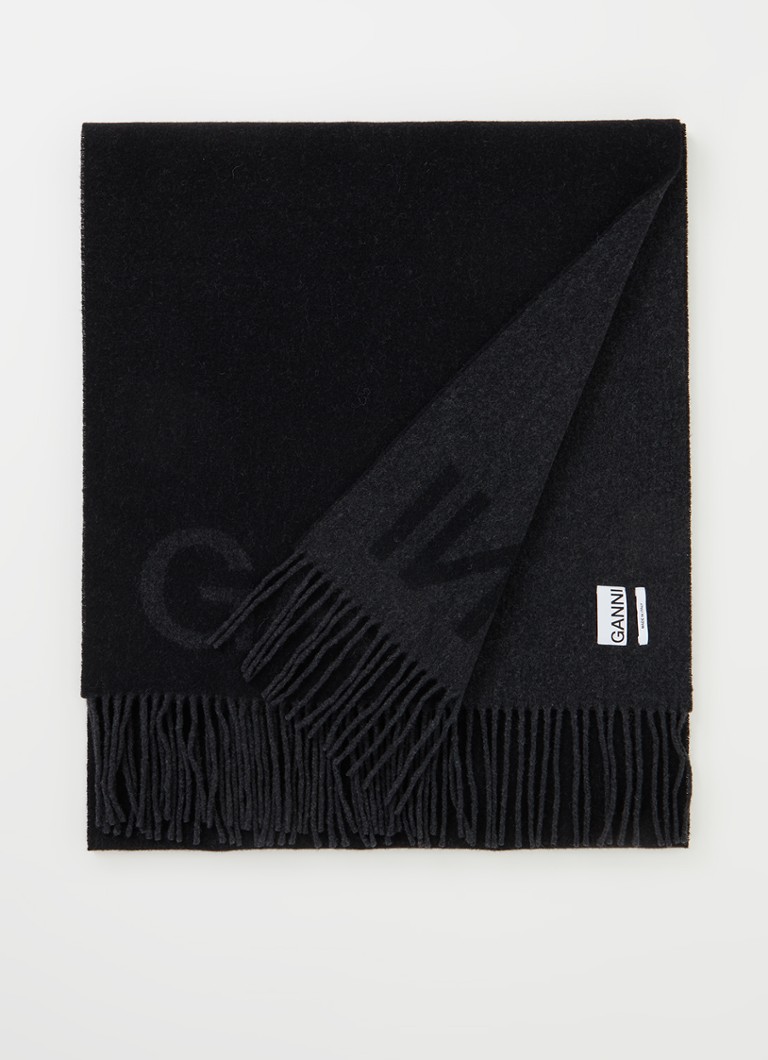 Ganni - Sjaal van wol met logoprint 235 x 50 cm - Zwart