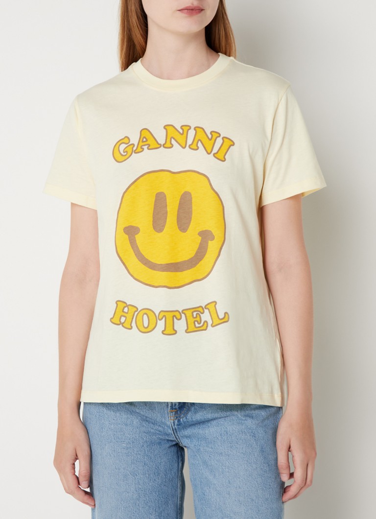 Ganni - T-shirt van biologisch katoen met logoprint - Lichtgeel