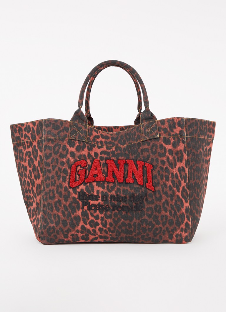 Ganni - XXL shopper met panterprint en logoborduring - Donkerrood