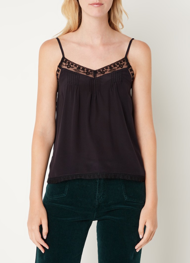 Gerard Darel - Clara spaghetti top van zijde met kant  - Zwart