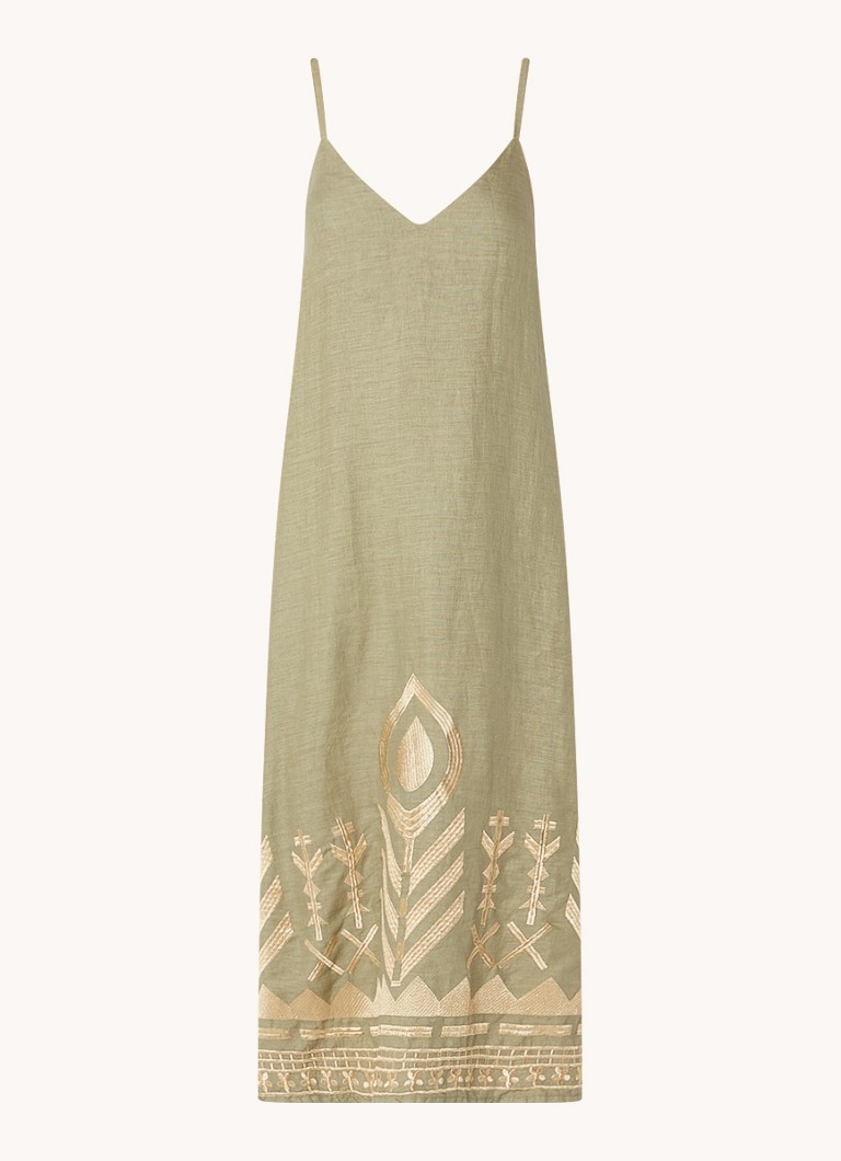 Greek Archaic Kori Midi jurk van linnen met borduring en