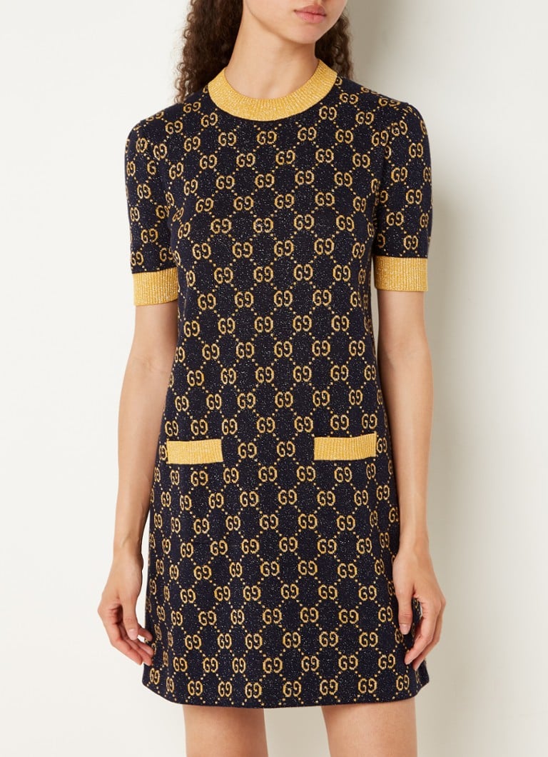 Gucci - Fijngebreide mini jurk met lurex en logoprint - Donkerblauw