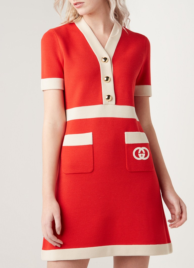 Fijngebreide mini-jurk wol met contrastbies • Rood • Bijenkorf