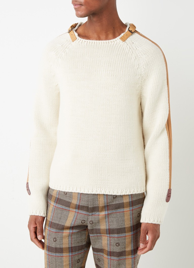 Gucci - Grofgebreide trui van wol met leren details - Gebroken wit