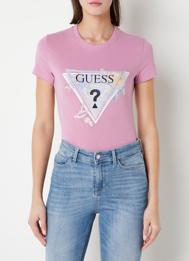 GUESS - Alva T-shirt met logoprint en studs - Roze