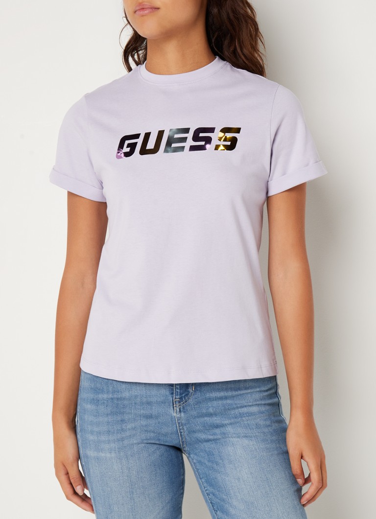 GUESS - Chryssa T-shirt van biologisch katoen met logoprint - Lavendel