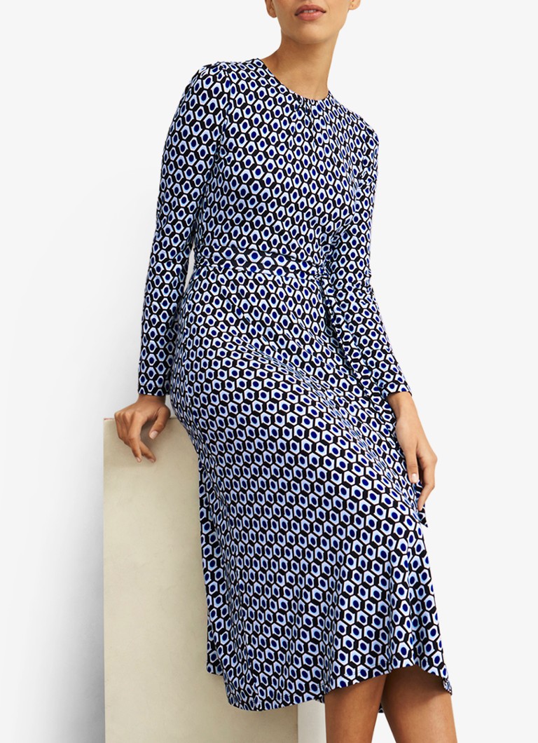 Hobbs - Dakota midi jurk met grafische print met strikceintuur  - Donkerblauw