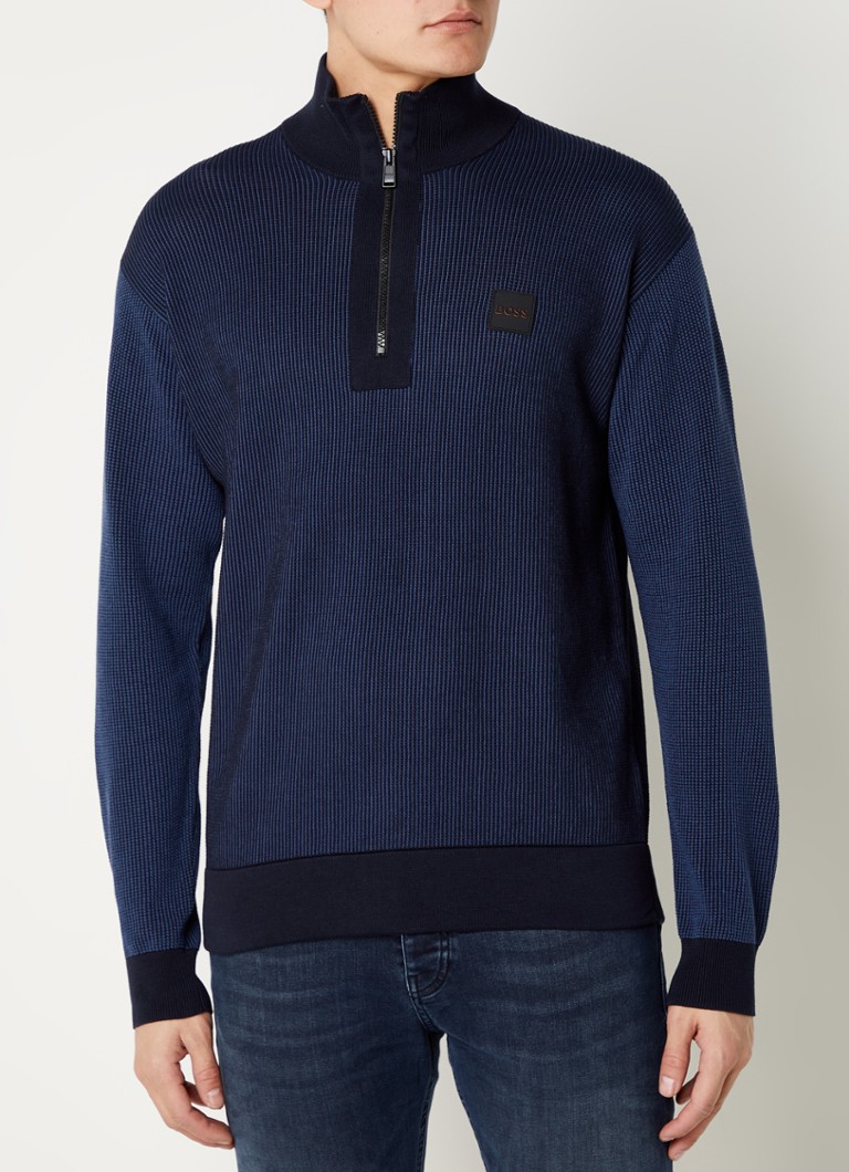 HUGO BOSS Artrudo ribgebreide trui met halve rits en logo • Blauw • de Bijenkorf