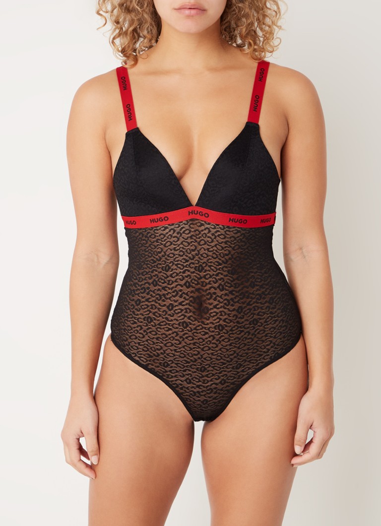HUGO BOSS - Body van kant met panterprint - Zwart