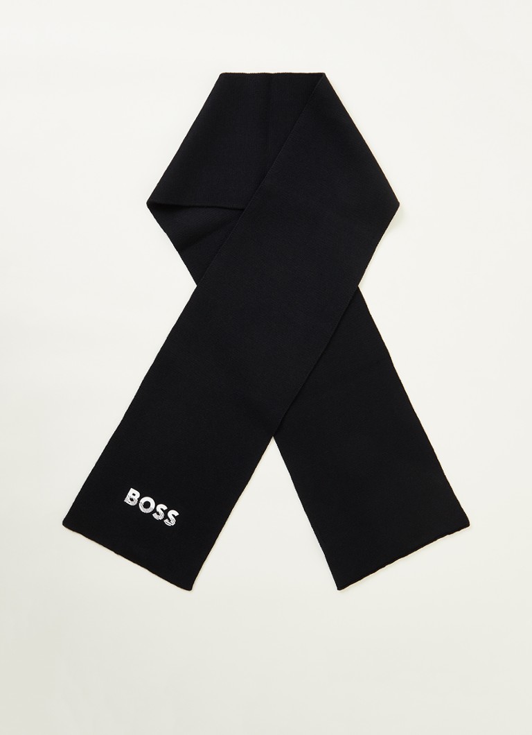 HUGO BOSS - Fijngebreide sjaal met logo 160 x 20 cm - Zwart