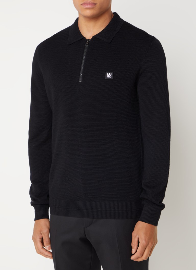 HUGO BOSS Fijngebreide trui in wolblend met halve rits en logo • Zwart • de Bijenkorf