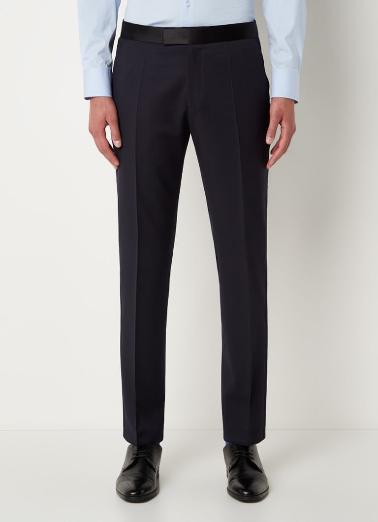 HUGO BOSS - H-Genius-Tux-B1 slim fit pantalon van wol met contrast in zijdeblend  - Donkerblauw