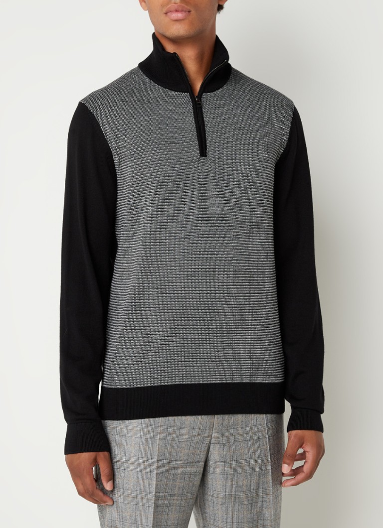 HUGO BOSS - Ladamo fijngebreide trui van wol met contrast  - Zwart