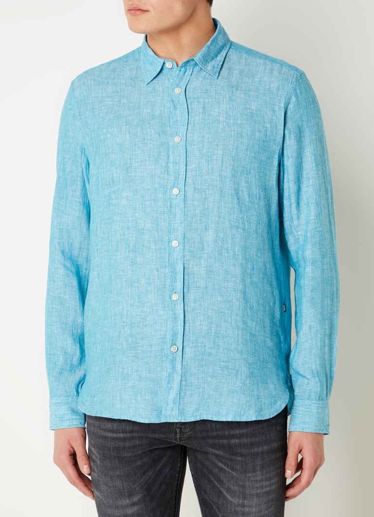 HUGO BOSS - Liam regular fit overhemd van linnen - Aquablauw
