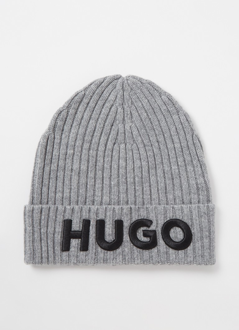 HUGO BOSS - Ribgebreide muts van wol met logo - Grijs