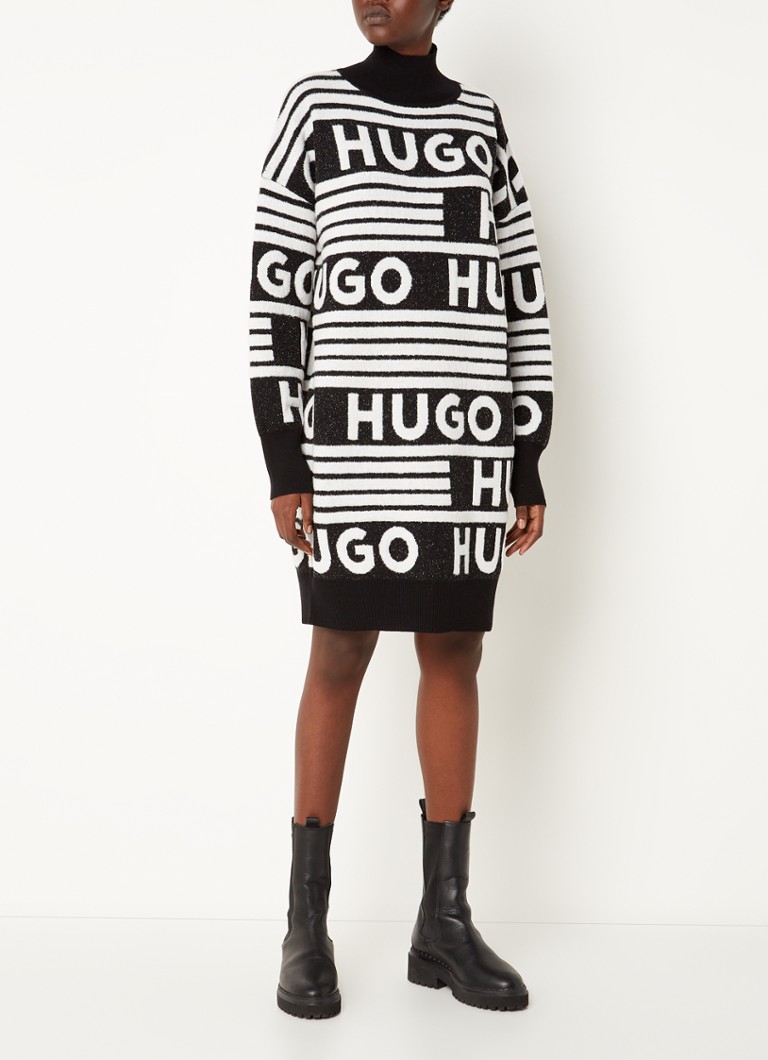 HUGO BOSS - Sisminy mini trui jurk in wolblend met ingebreid logo patroon - Zwart