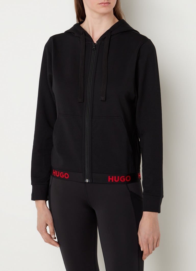 HUGO - Loungevest met capuchon logoband  - Zwart