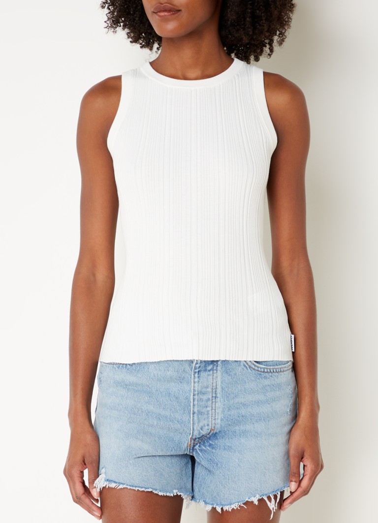 HUGO - Sareple ribgebreide tanktop met logo - Beige