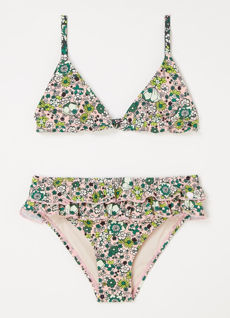 Scotch & Soda gebloemde triangel bikini met ruches roze/groen online kopen
