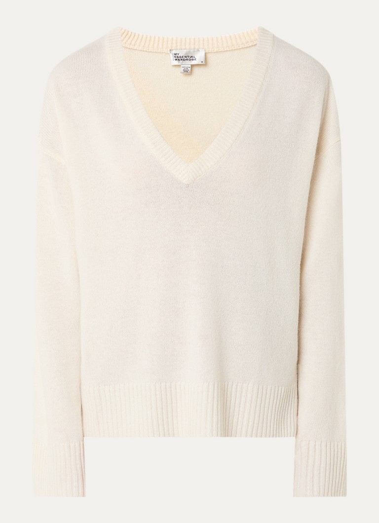 My Essential Wardrobe Dames Huxi fijngebreide trui in kasjmierblend met V-hals in de kleur Ivoor, maat: XS