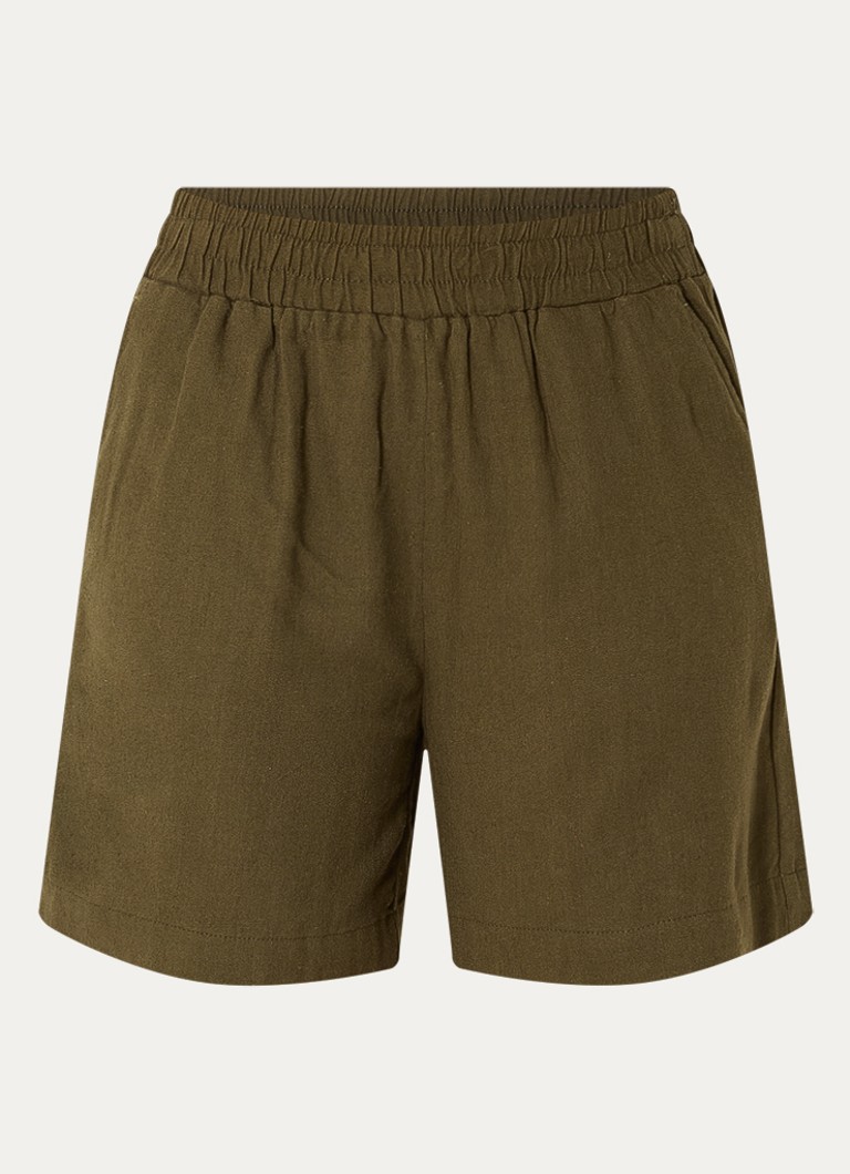 My Essential Wardrobe Dames Dia high waist wide fit korte broek in linnenblend in de kleur Bronsgroen, maat: 40