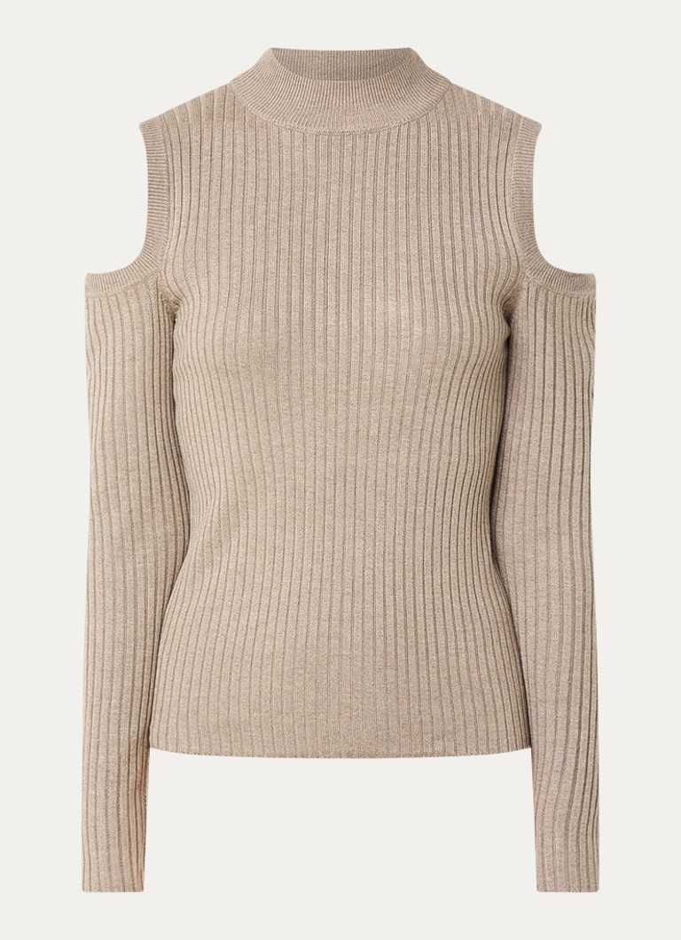 Co'Couture Dames Balin ribgebreide top in wolblend met cut out-detail in de kleur Khaki, maat: L