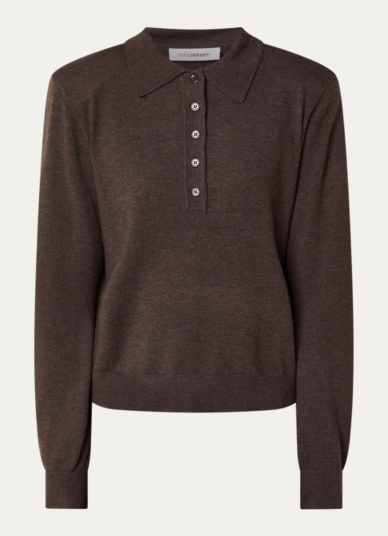 Co'Couture Dames Corry fijngebreide polo in wolblend in de kleur Donkerbruin, maat: S