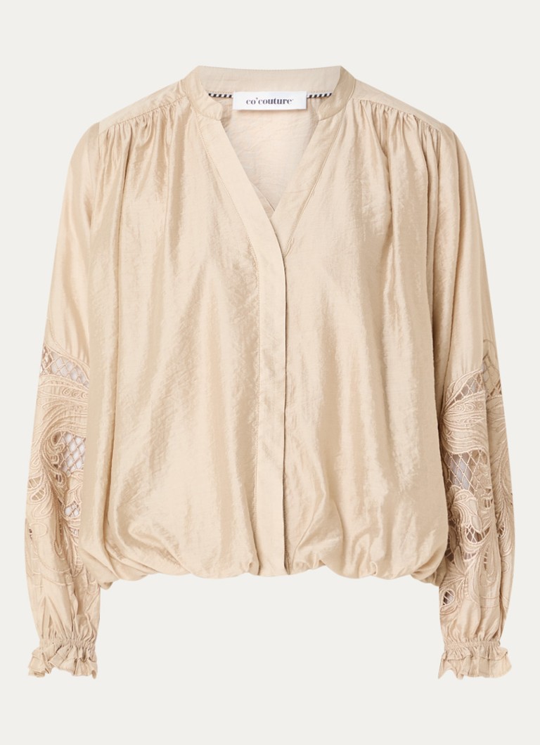 Co'Couture Dames Delin blouse met broderie en ballonmouw in de kleur Donkerbruin, maat: M