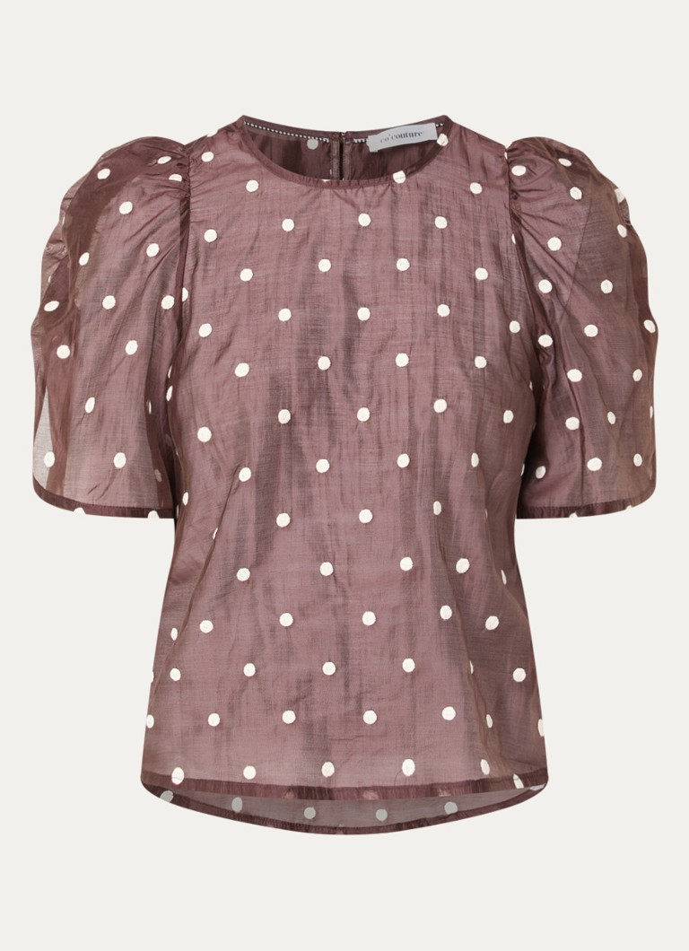 Co'Couture Dames DitaCC semi-transparante tuniek met stippenprint en pofmouw in de kleur Bruin, maat: S