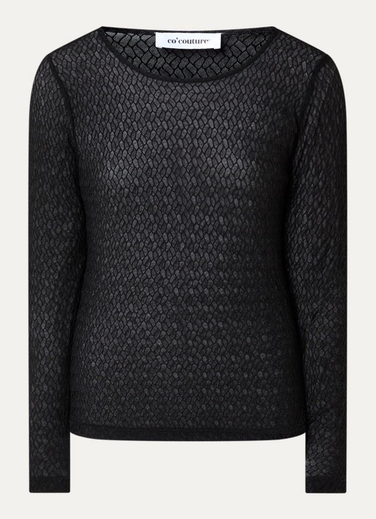 Co'Couture Dames SvalaCC semi-transparante top met opengewerkt dessin in de kleur Zwart, maat: S