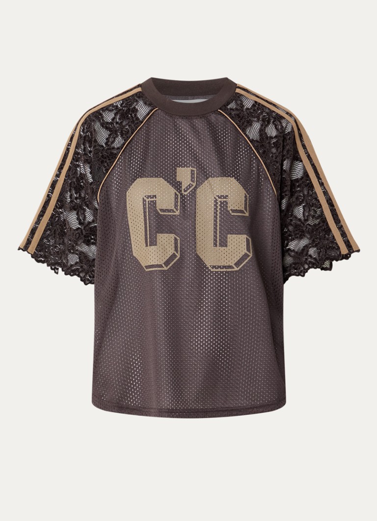 Co'Couture Dames Trey semi-transparant T-shirt van kant met print in de kleur Bruin, maat: S