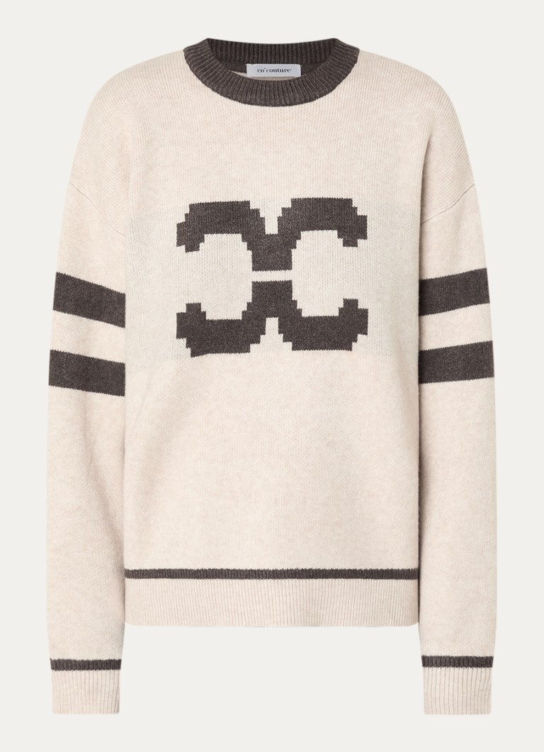 Co'Couture Dames Row Coco fijngebreide trui met ingebreide logoprint in de kleur Gebroken wit, maat: XL