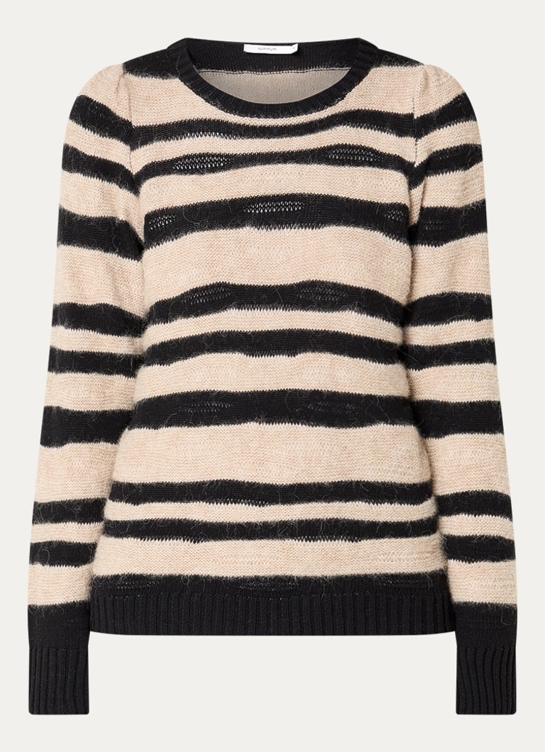 Summum Dames Grofgebreide trui in alpaca wolblend met streepprint in de kleur Zwart, maat: S