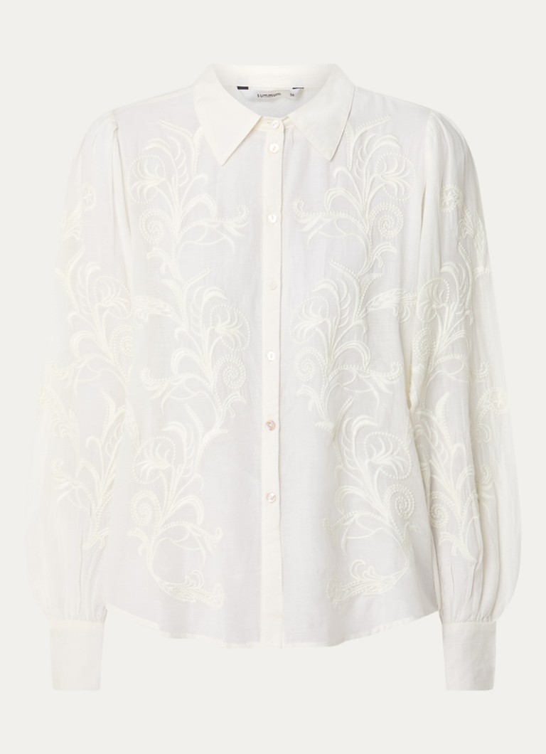 Summum Dames Blouse met pofmouw en borduring in de kleur Ivoor, maat: 44