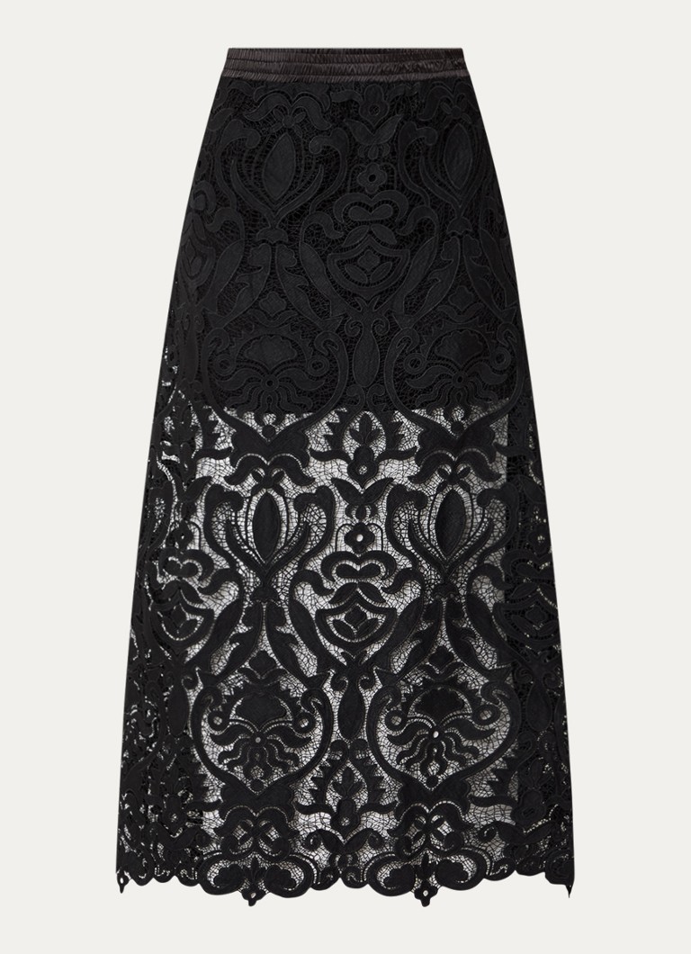 Summum Dames Maxi A-lijn rok van kant met details van satijn in de kleur Zwart, maat: 38